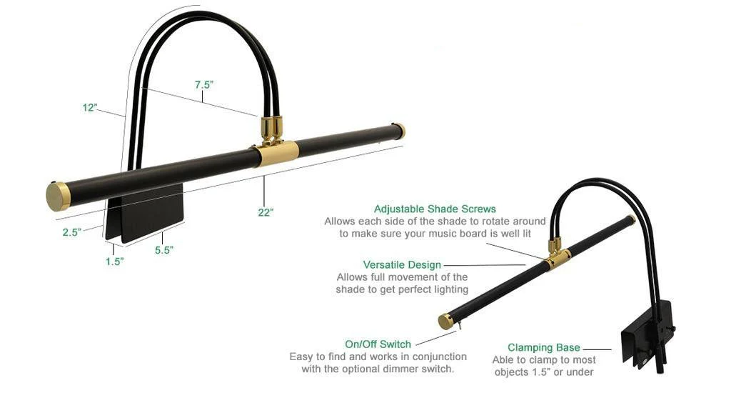 22" LED Grand Piano Lamp - Black with Brass Accents GPLED22 - Image 3