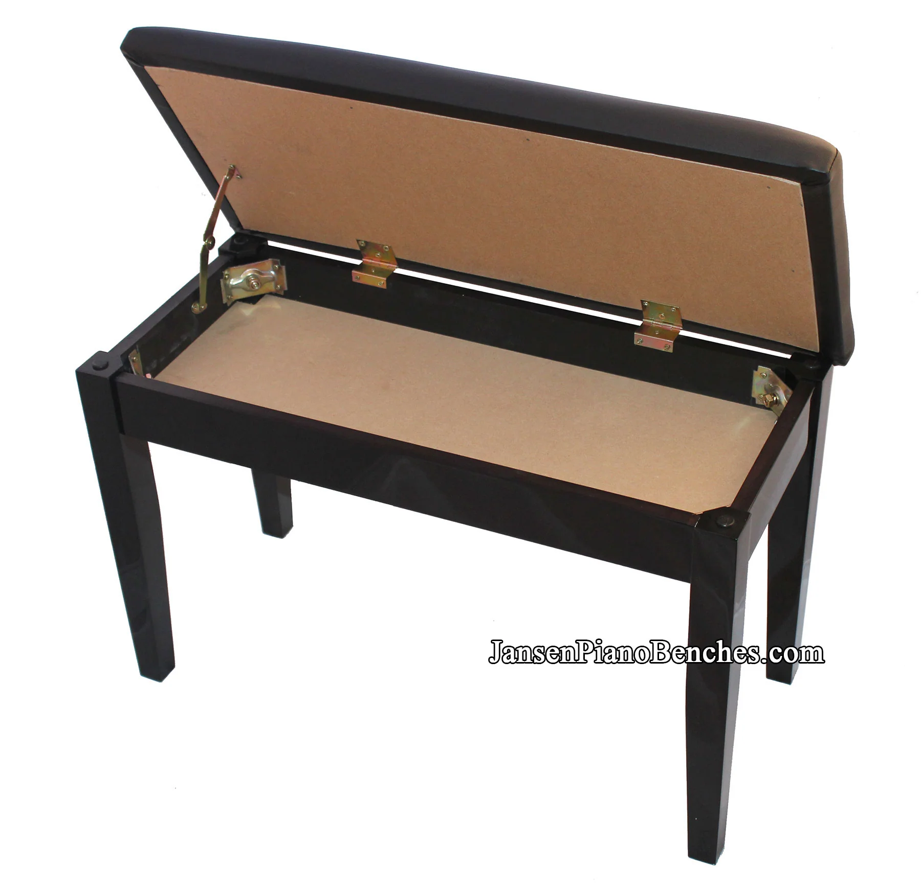 Black High Polish Piano Bench with Upholstered Top and Music Storage Compartment - Image 3